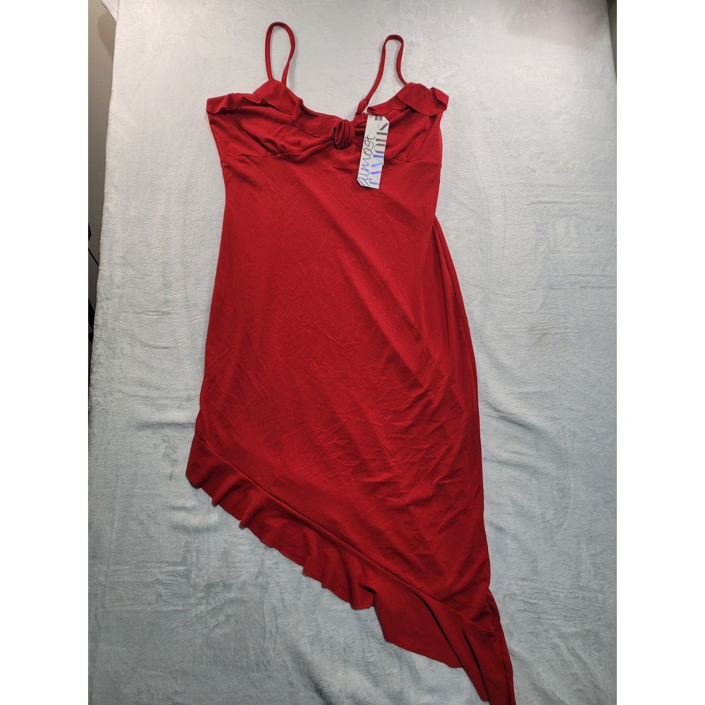 NWT Almost Famous Dress juniors XL Red Asymmetrical Ruffle Sweetheart Midi